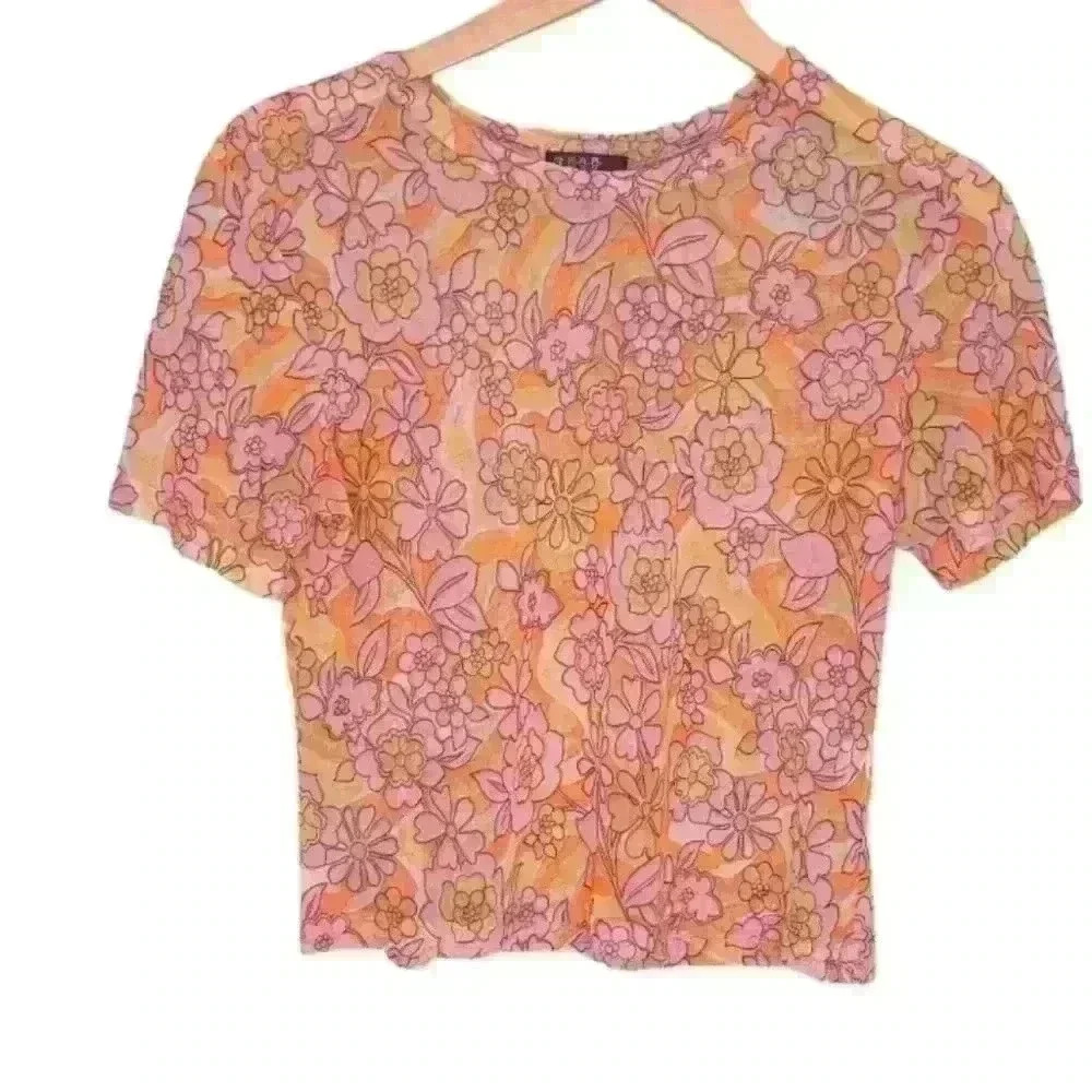 3 Girls Clothing Short Sleeve Sheer Crop Top. Psychedelic Orange Pink